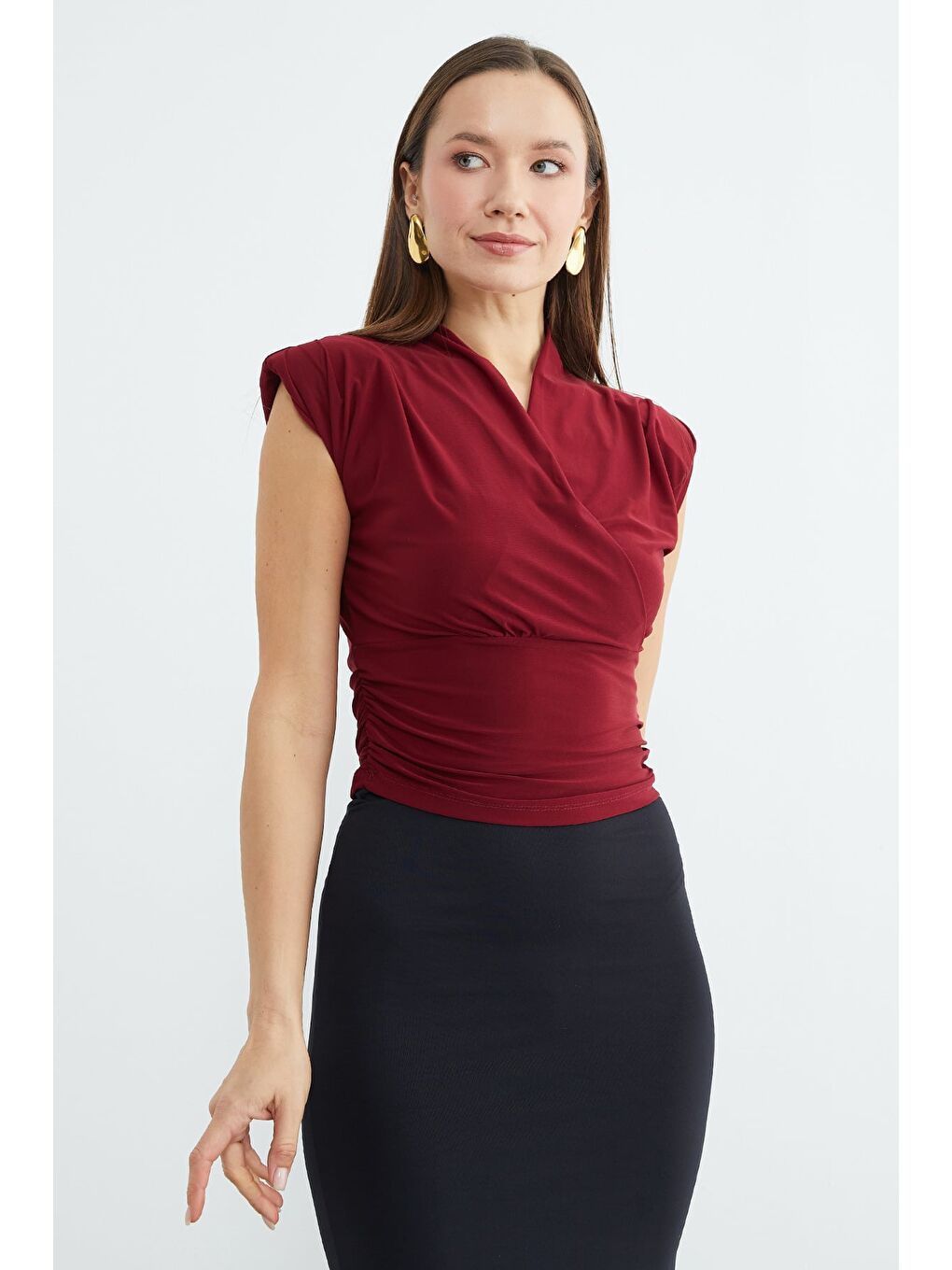 Bordo Omuz Vatkalı Kruvaze Yaka Bluz-4