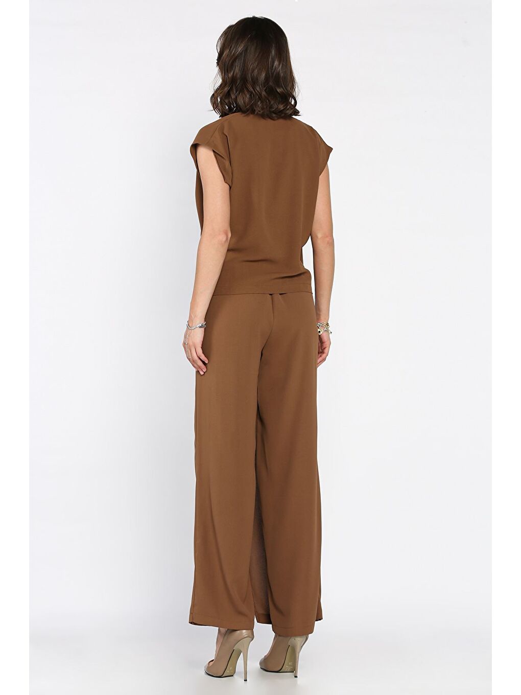 Kahverengi Kadın Etek Görünümlü Pantolon Bluz İkili Takım-2