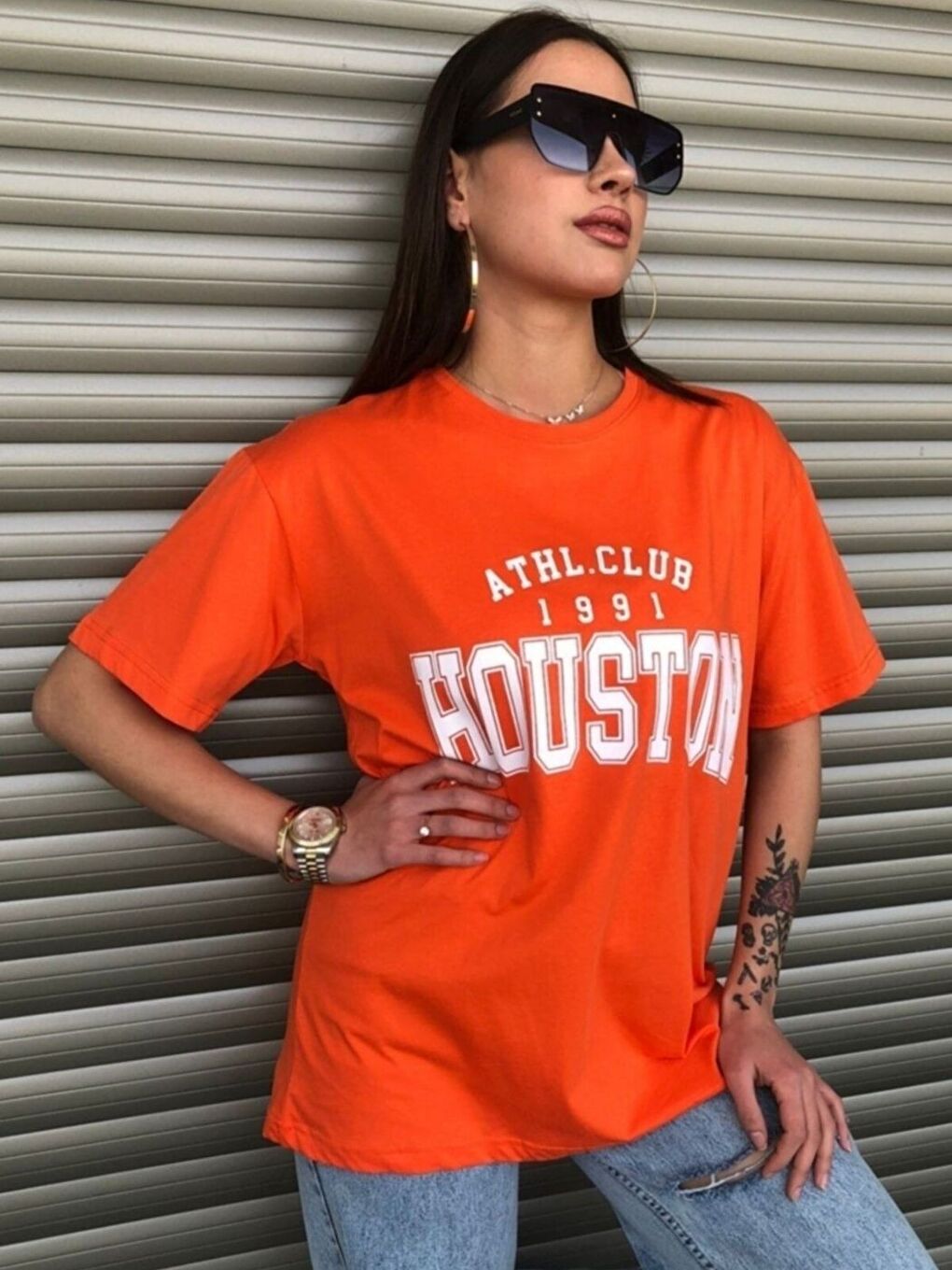 Kadın Turuncu Houston Baskılı Salaş Oversize Tişört Boyfriend