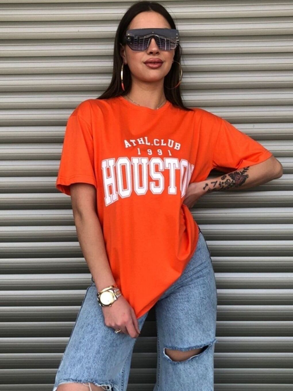 Kadın Turuncu Houston Baskılı Salaş Oversize Tişört Boyfriend-1