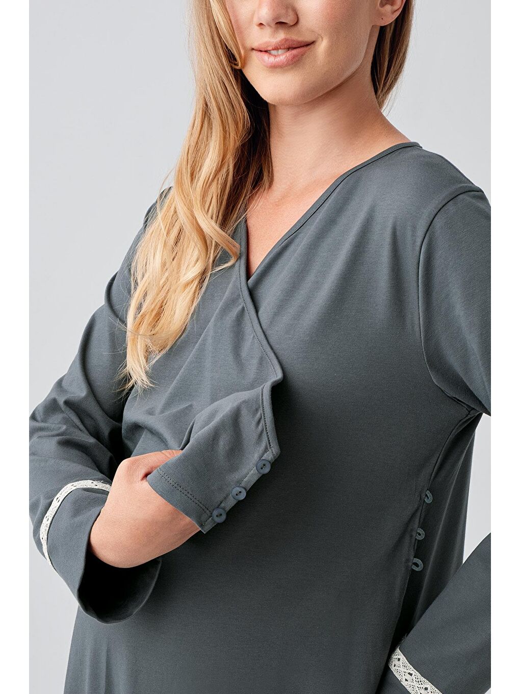 Yeşil Uzun Kollu Desenli Esnek Pamuklu Hamile Sabahlık Gecelik Takım 18401-6