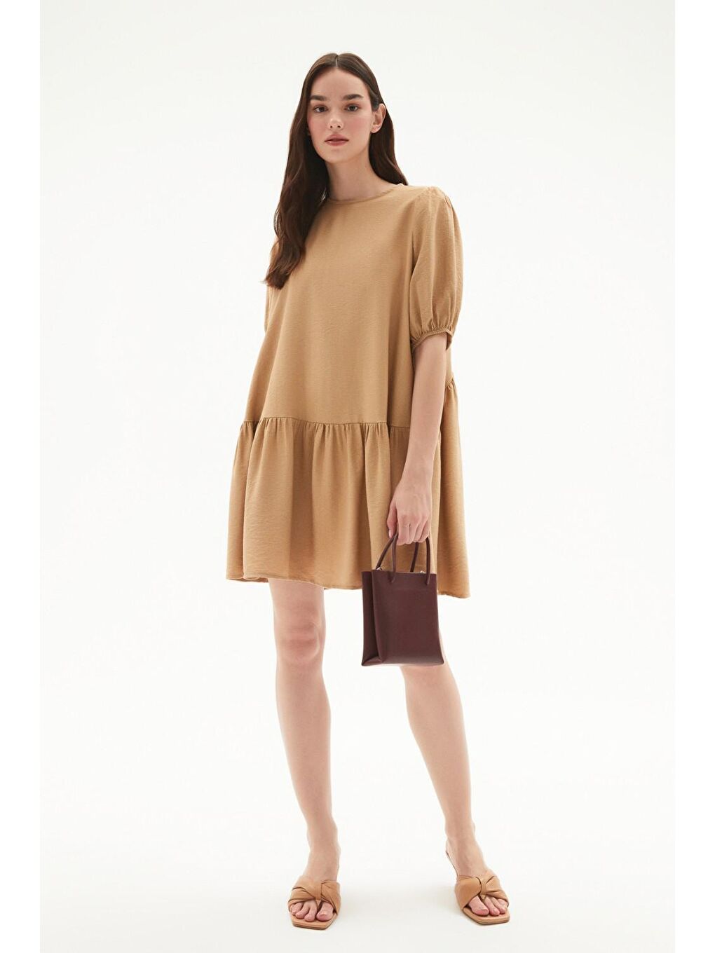 Bej Balon Kollu Volanlı Viskon Elbise-1