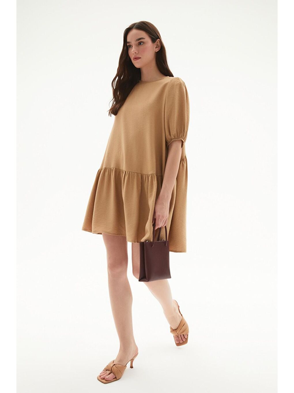 Bej Balon Kollu Volanlı Viskon Elbise-2