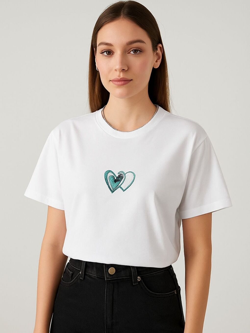 Kadın Beyaz 2 Kalp Baskılı  Oversize Tişört
