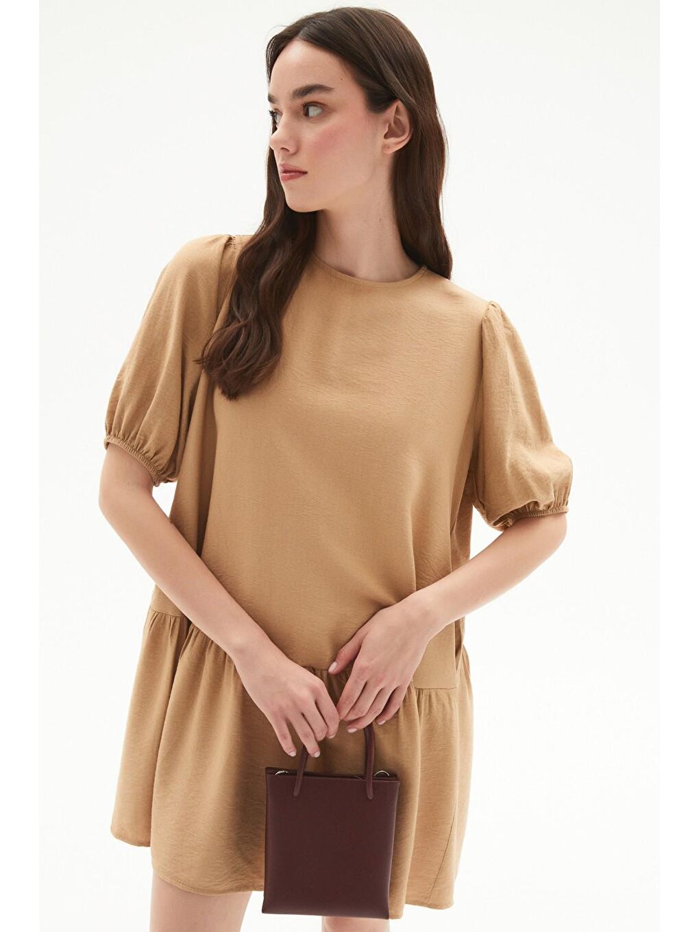 Bej Balon Kollu Volanlı Viskon Elbise-3