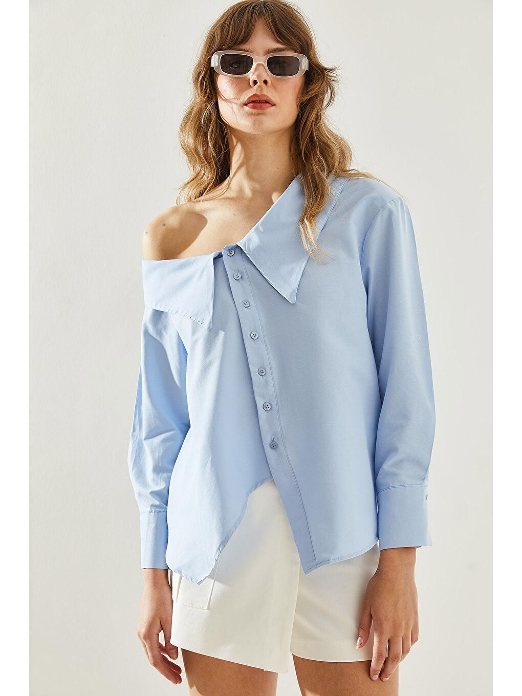 Mavi Kadın Kırlangıç Yaka Eteği Asimetrik Gömlek-4