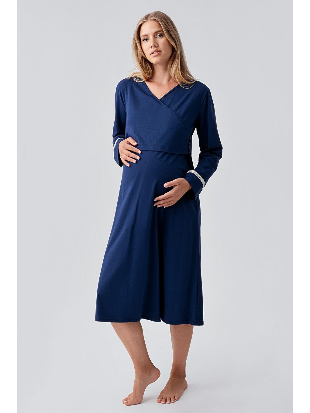 Lacivert Uzun Kollu Desenli Esnek Pamuklu Hamile Sabahlık Gecelik Takım 18401-2