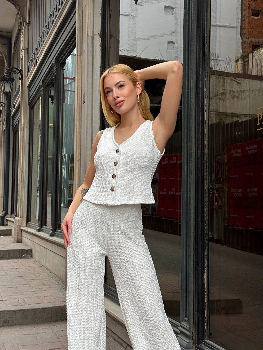 Kadın Beyaz Gofre Kumaş Yelek Pantolon İkili Takım HZL25S-ZK13591-2