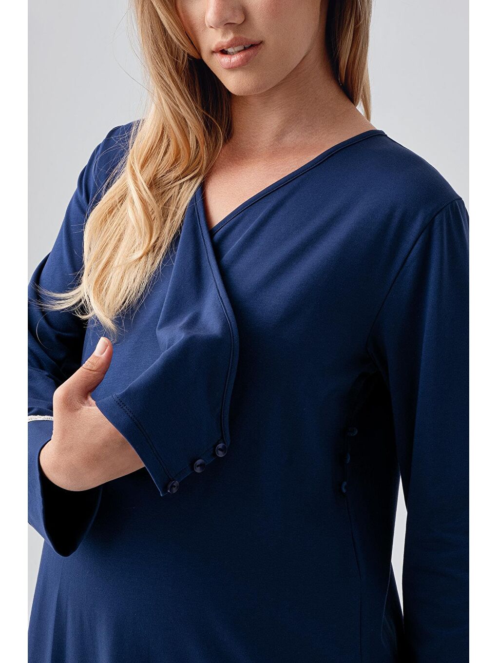 Lacivert Uzun Kollu Desenli Esnek Pamuklu Hamile Sabahlık Gecelik Takım 18401-6