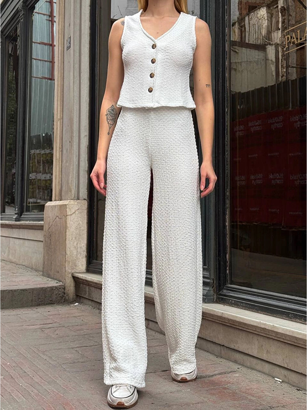 Kadın Beyaz Gofre Kumaş Yelek Pantolon İkili Takım HZL25S-ZK13591-4