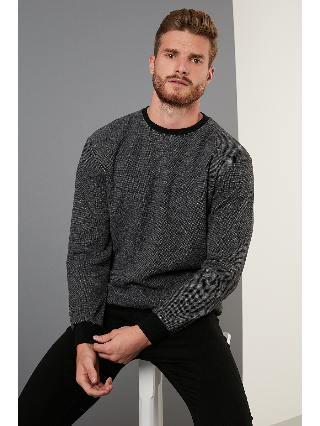 Gri Slim Fit Bisiklet Yaka Pamuklu Kazak 4562013w4-1