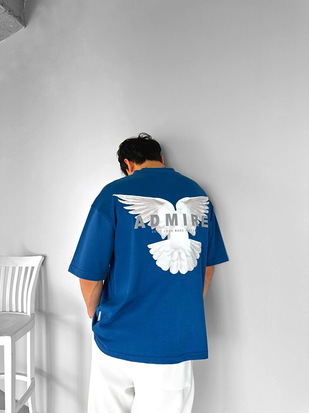 Erkek Dokulu Ve Baskılı Oversize Tişört Lacivert-1