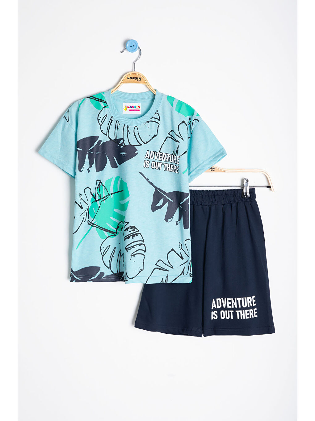 Açık Mavi Yaprak Baskılı Bisiklet Yaka Erkek Çocuk 2li Şortlu Takım 21061