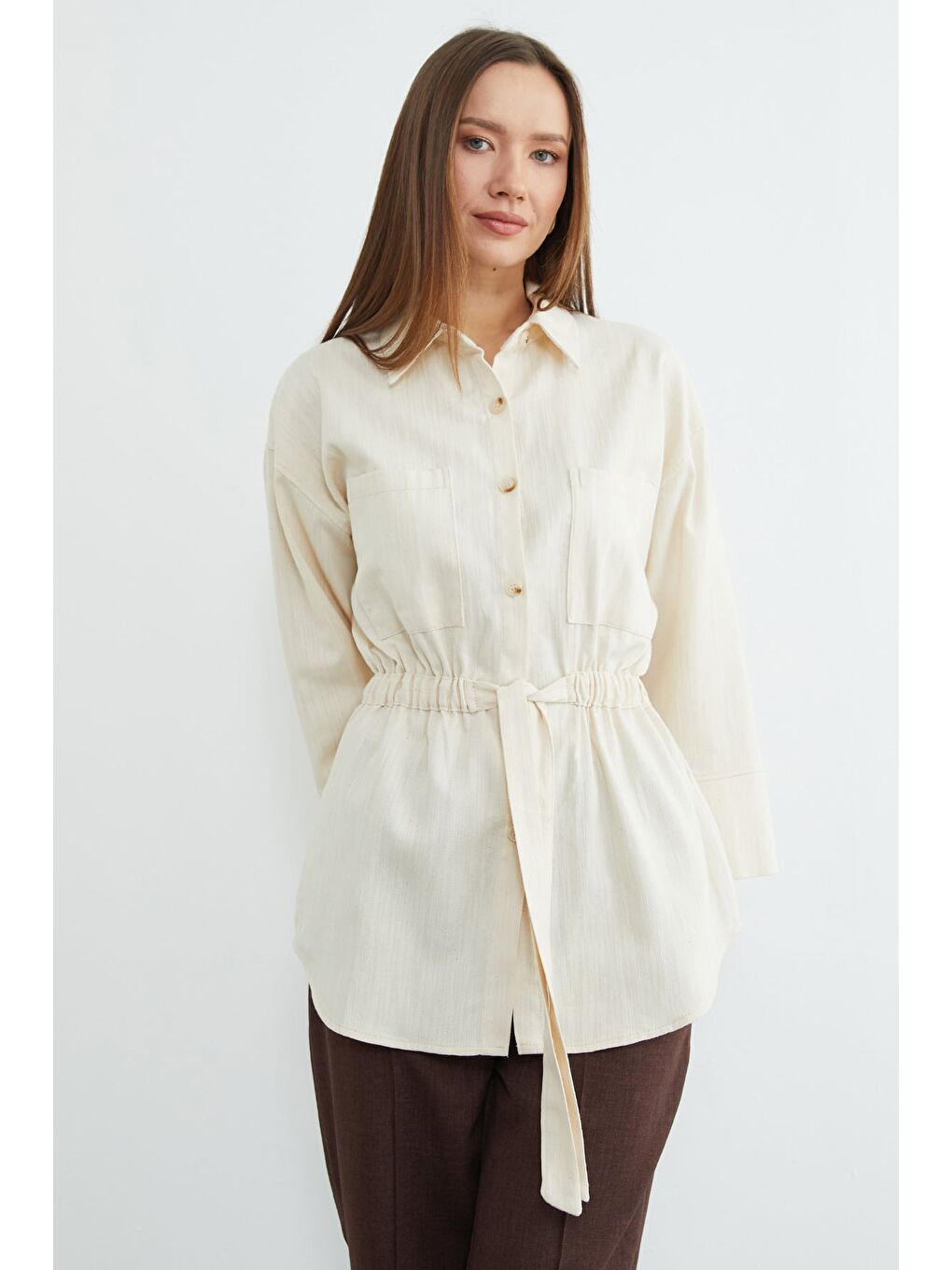 Ekru Beli Lastikli Düğmeli Gömlek-3