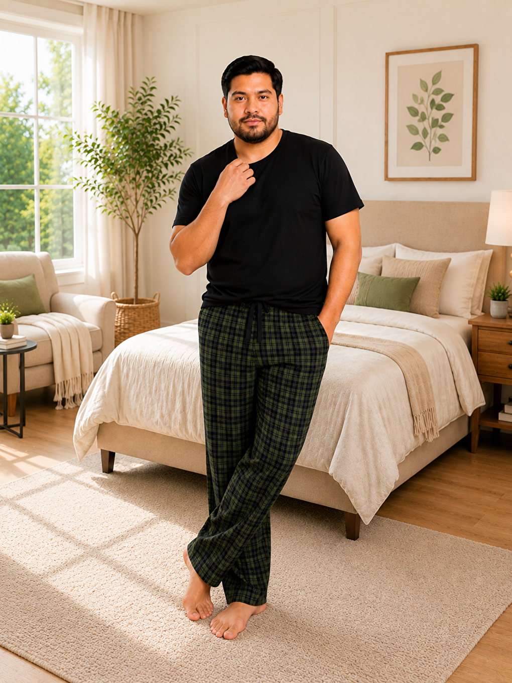 Yeşil Erkek %100 Doğal Pamuk Büyük Beden Yüksek Kalite Battal Pijama Takımı-1