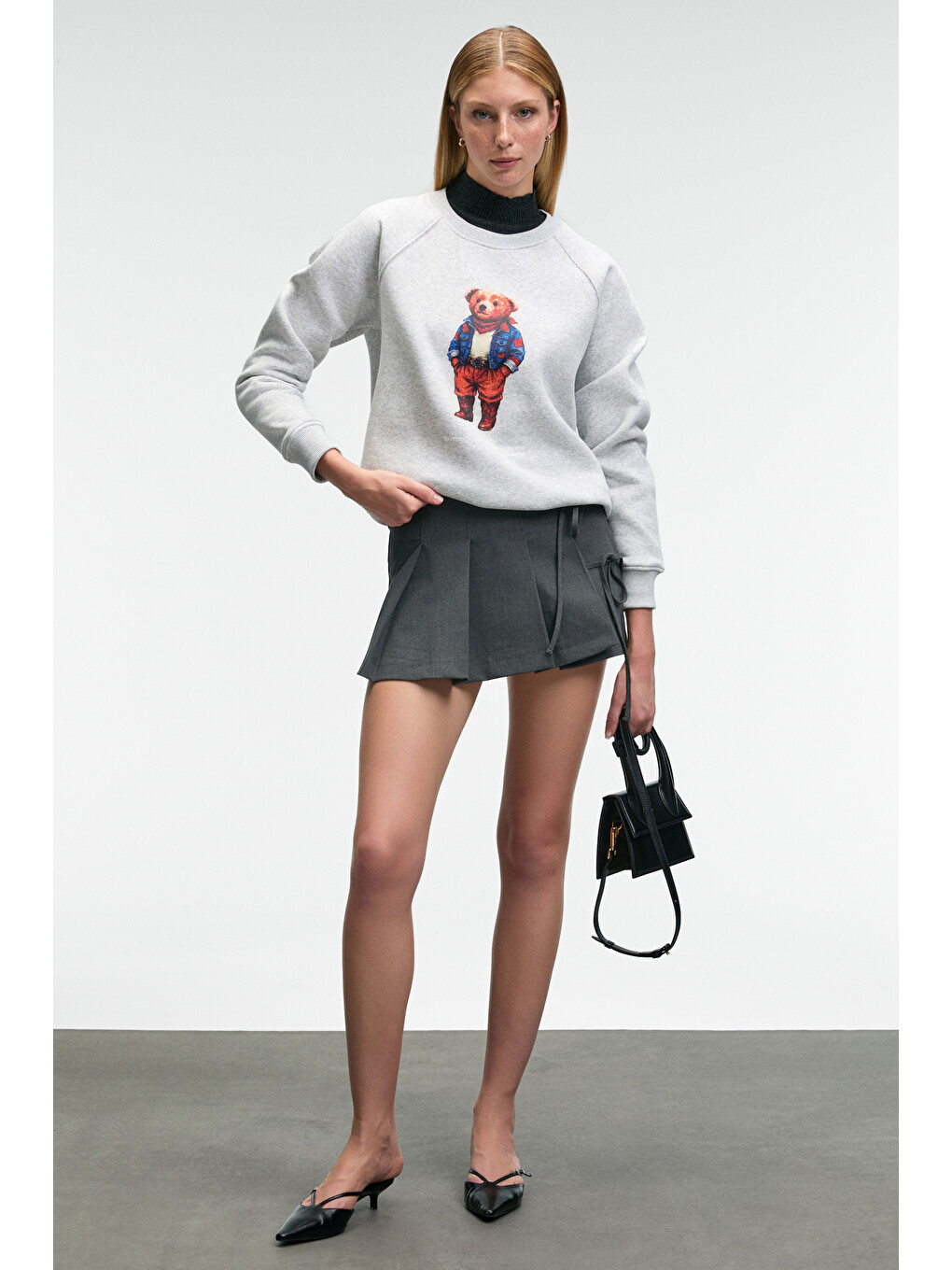 Aelorıa Kadın Önü Baskılı Reglan Kol Oversize Gri Melanj Sweatshirt-1