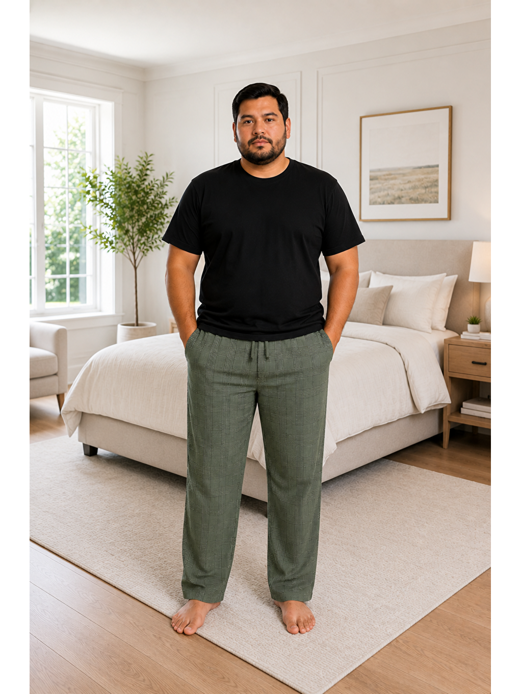 Haki Erkek %100 Doğal Pamuk Büyük Beden Yüksek Kalite Battal Pijama Takımı-3