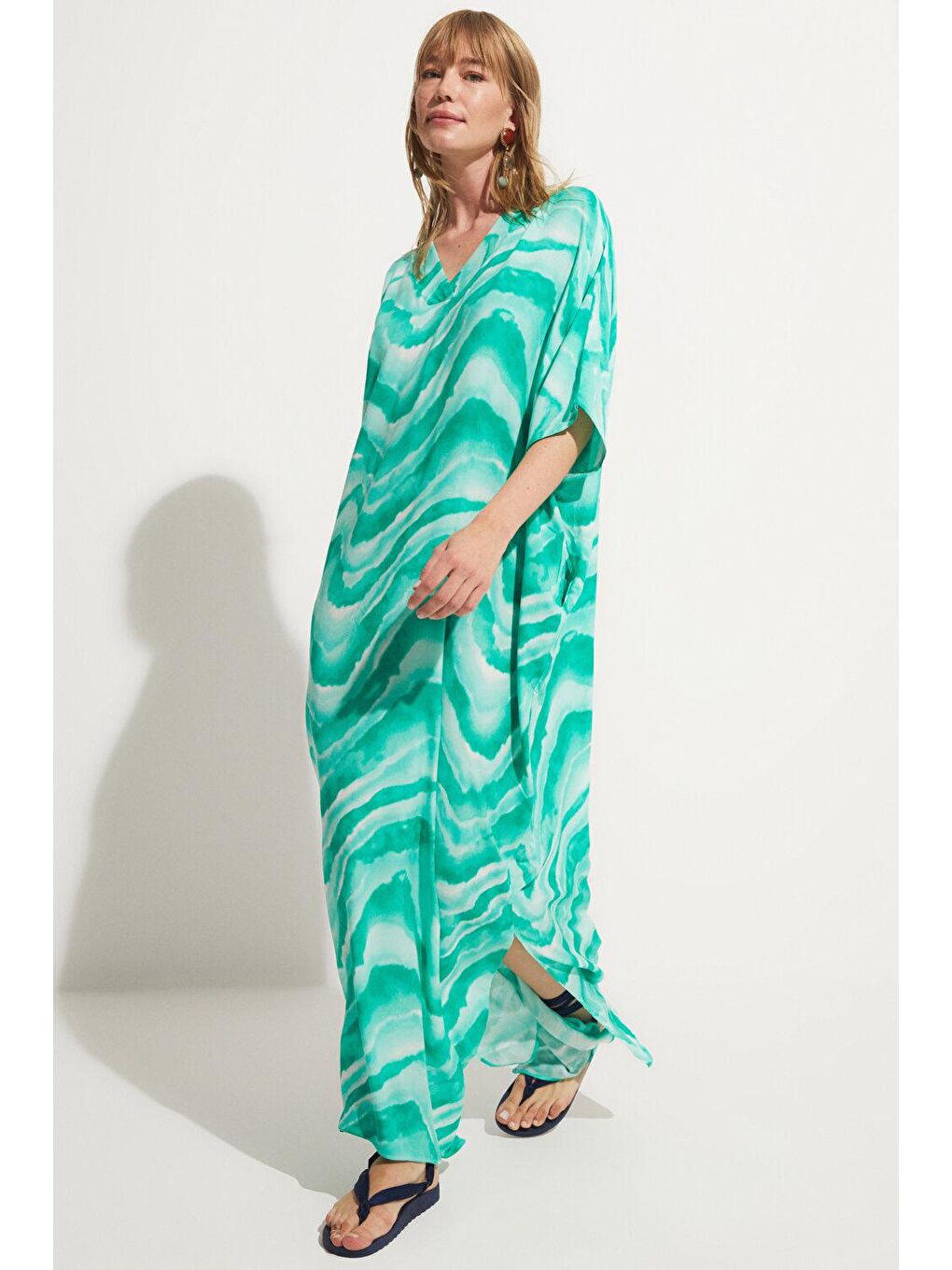 June Turkuaz Desenli Kaftan Elbise - 1