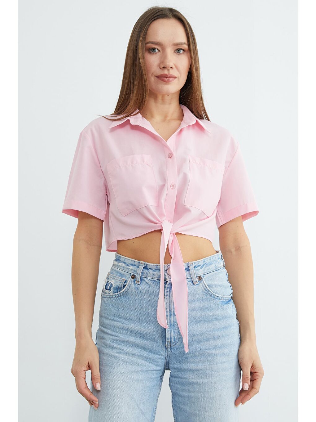 Pembe Önü Bağlamalı Çift Cepli Crop Gömlek-1