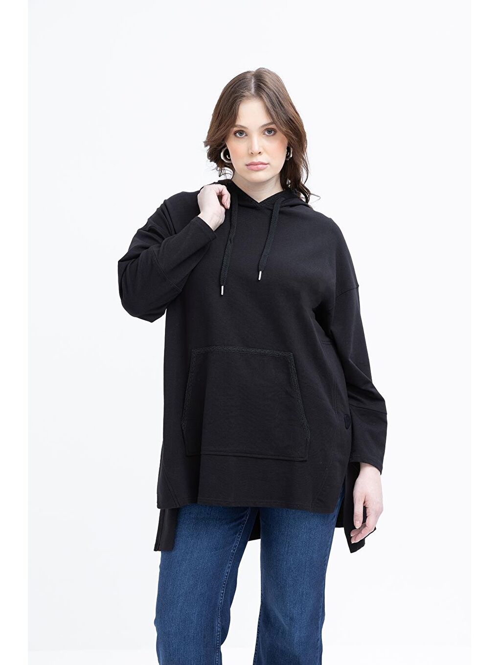 Siyah-Kanguru Cepli Şerit Dantelli Büyük Beden Sweat