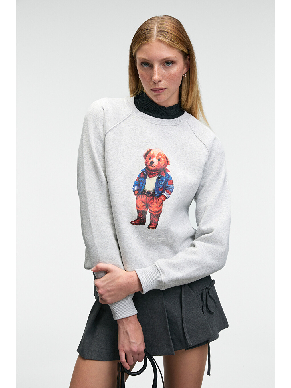 Aelorıa Kadın Önü Baskılı Reglan Kol Oversize Gri Melanj Sweatshirt-2