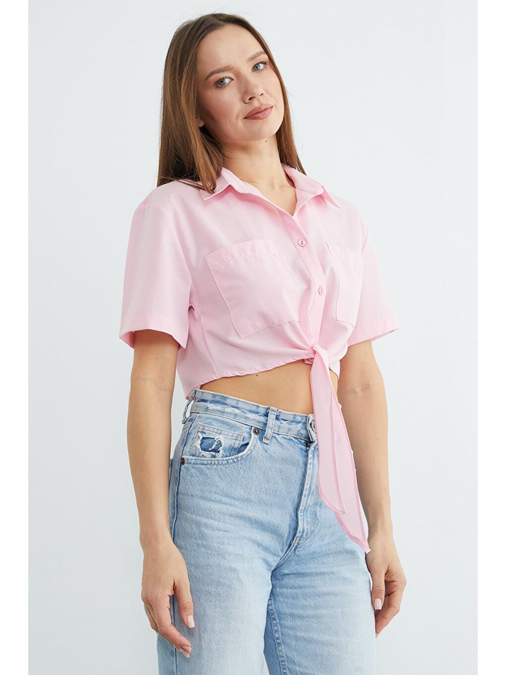 Pembe Önü Bağlamalı Çift Cepli Crop Gömlek-2