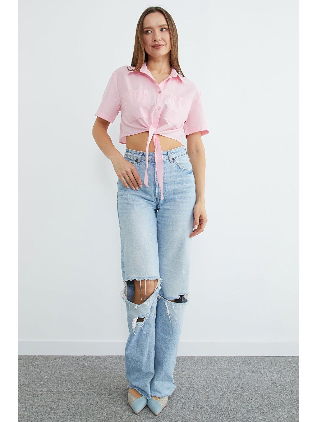 Pembe Önü Bağlamalı Çift Cepli Crop Gömlek-3