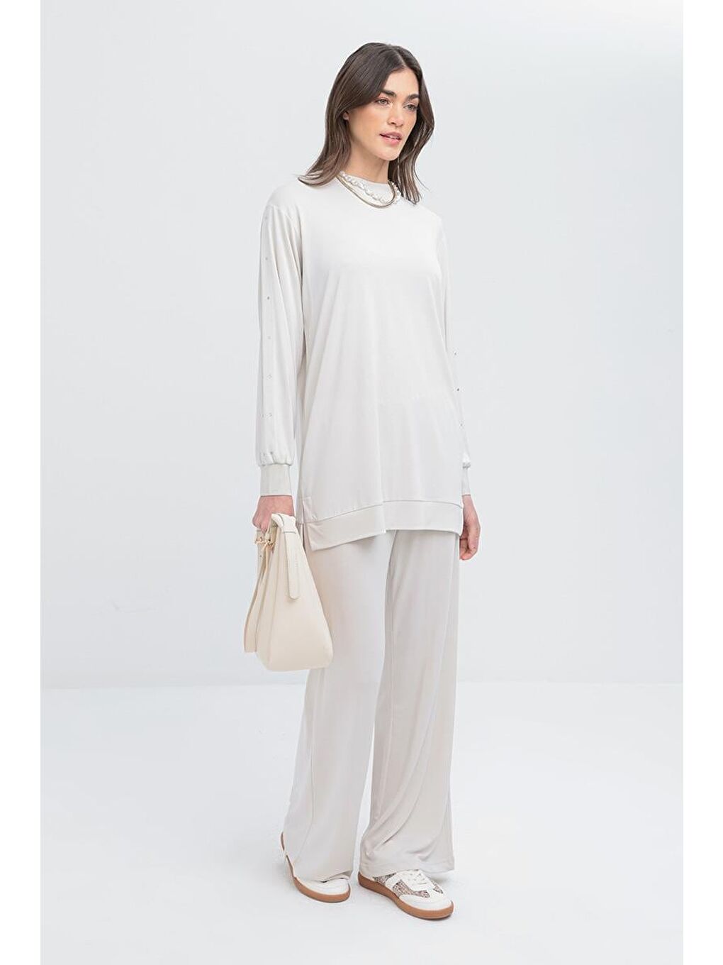 Bej Taş-Taş Detaylı Sweat-1