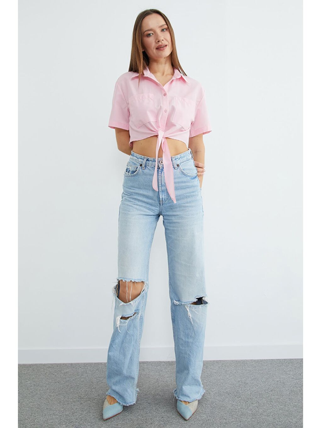 Pembe Önü Bağlamalı Çift Cepli Crop Gömlek-4