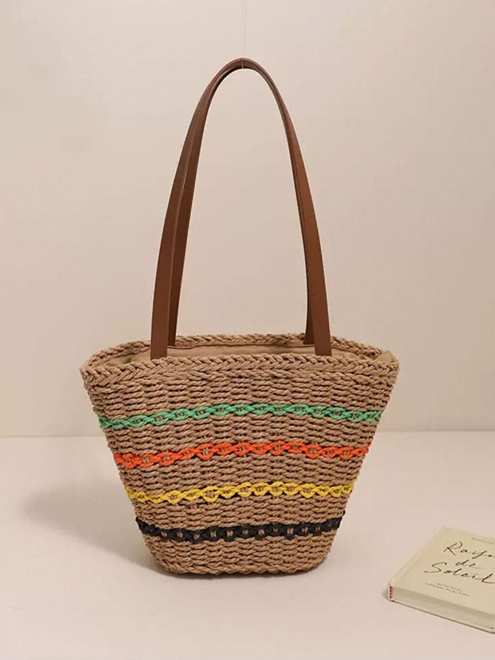 Kahverengi Renkli Şeritli Camel Hasır Çanta