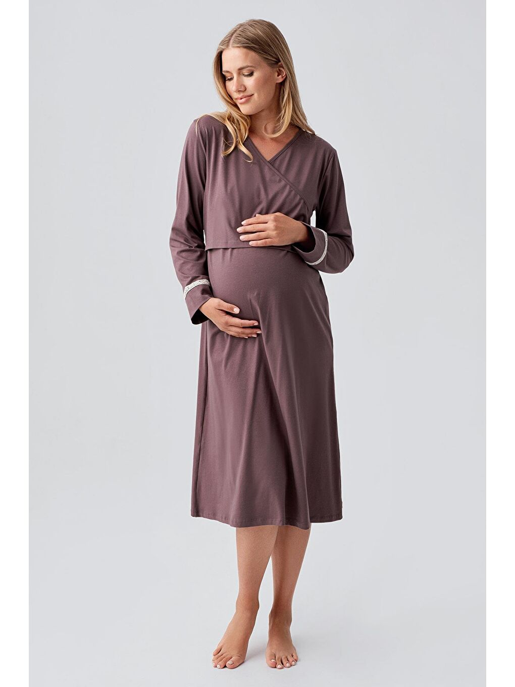 Kahverengi Uzun Kollu Desenli Esnek Pamuklu Hamile Sabahlık Gecelik Takım 18401-2