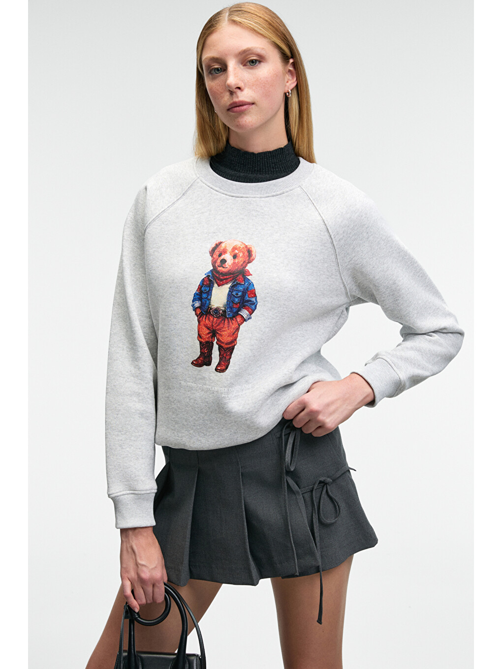 Aelorıa Kadın Önü Baskılı Reglan Kol Oversize Gri Melanj Sweatshirt-3