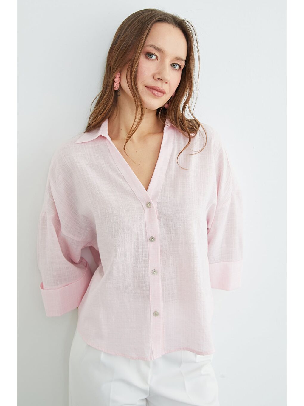 Pembe Keten Görünümlü Kapri Kol Gömlek-1