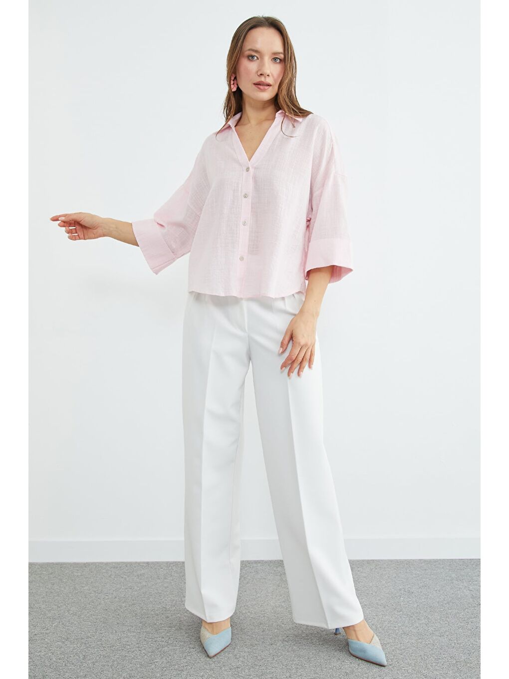 Pembe Keten Görünümlü Kapri Kol Gömlek-2