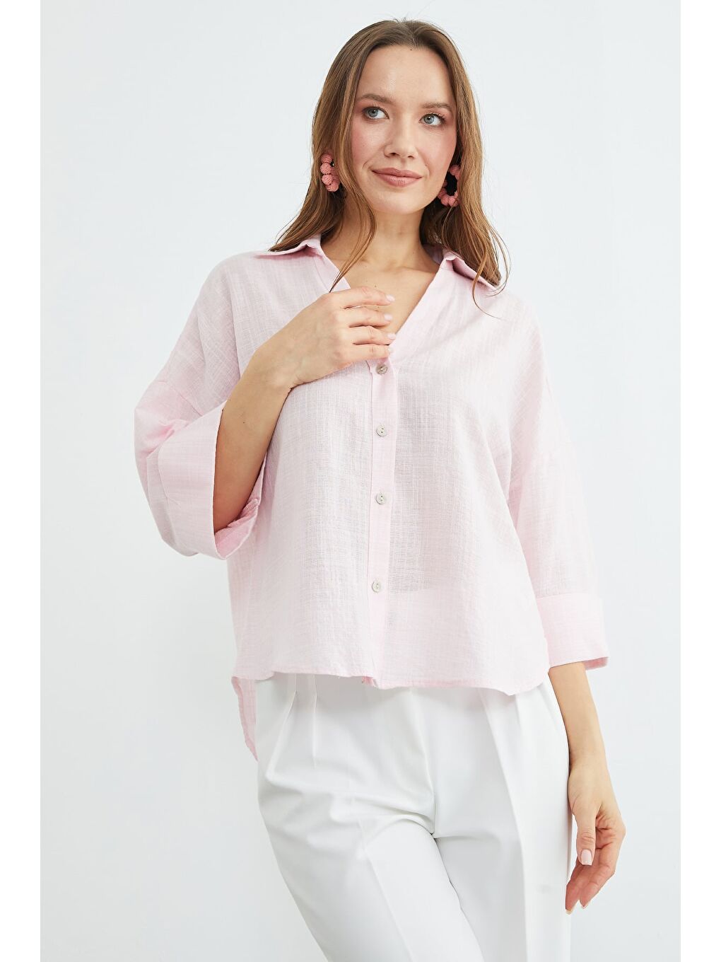 Pembe Keten Görünümlü Kapri Kol Gömlek-3