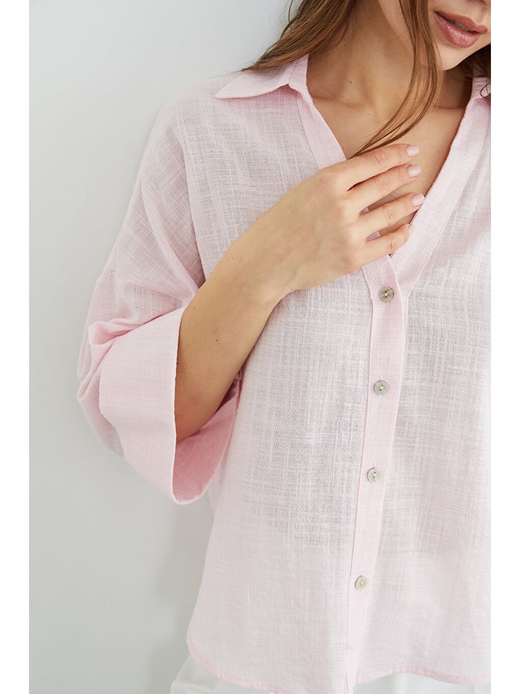 Pembe Keten Görünümlü Kapri Kol Gömlek-4