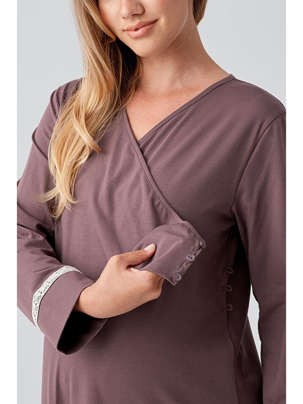 Kahverengi Uzun Kollu Desenli Esnek Pamuklu Hamile Sabahlık Gecelik Takım 18401-6