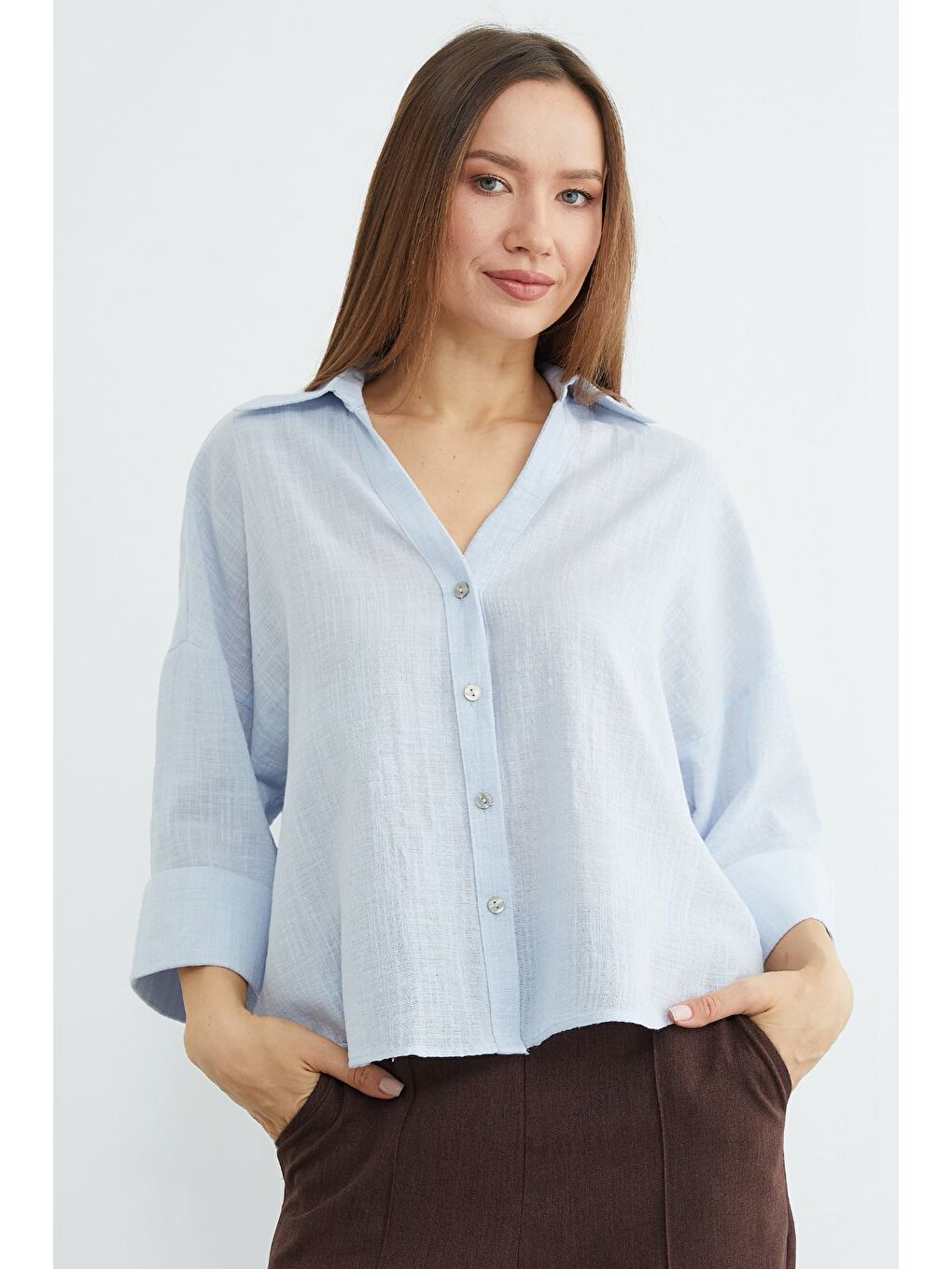 Mavi Keten Görünümlü Kapri Kol Gömlek