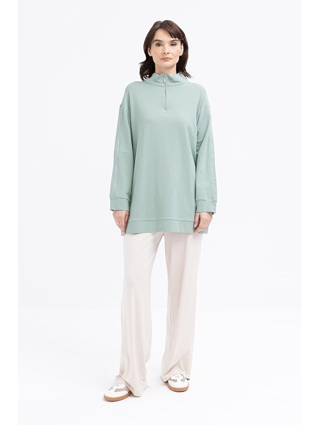 Yeşil Defne-Arabiyeli Fermuarlı Sweat-1