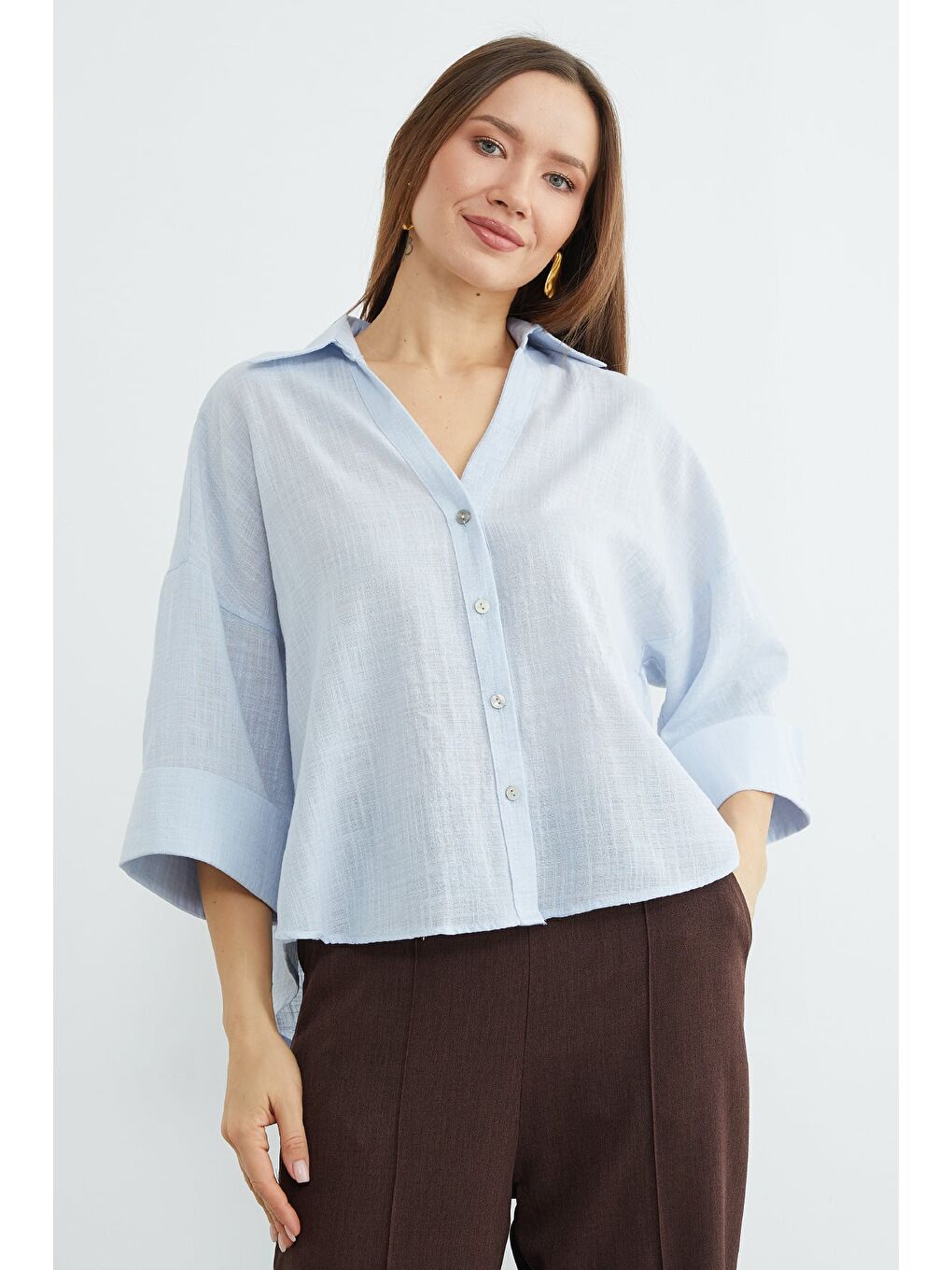 Mavi Keten Görünümlü Kapri Kol Gömlek-1