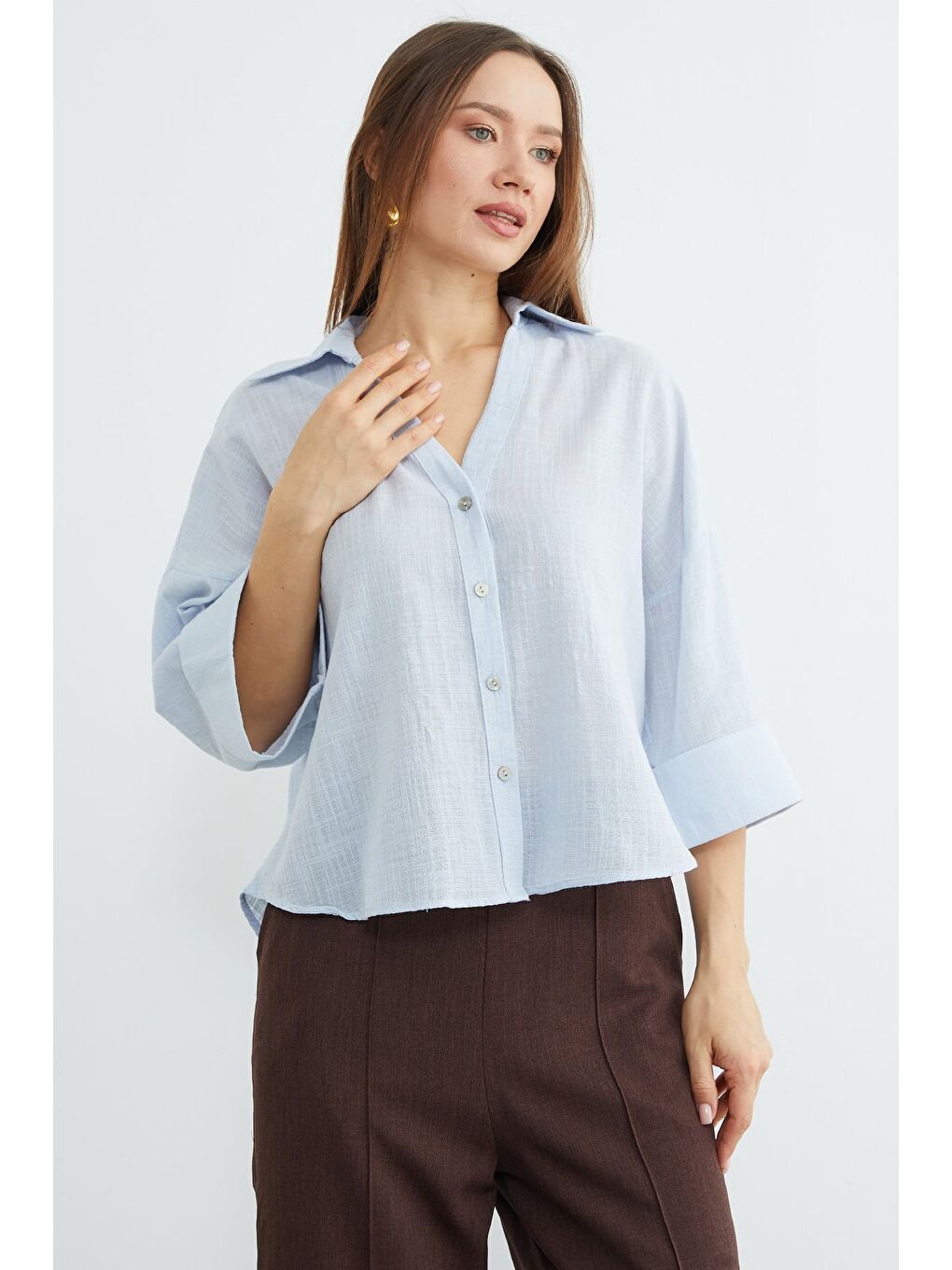 Mavi Keten Görünümlü Kapri Kol Gömlek-2