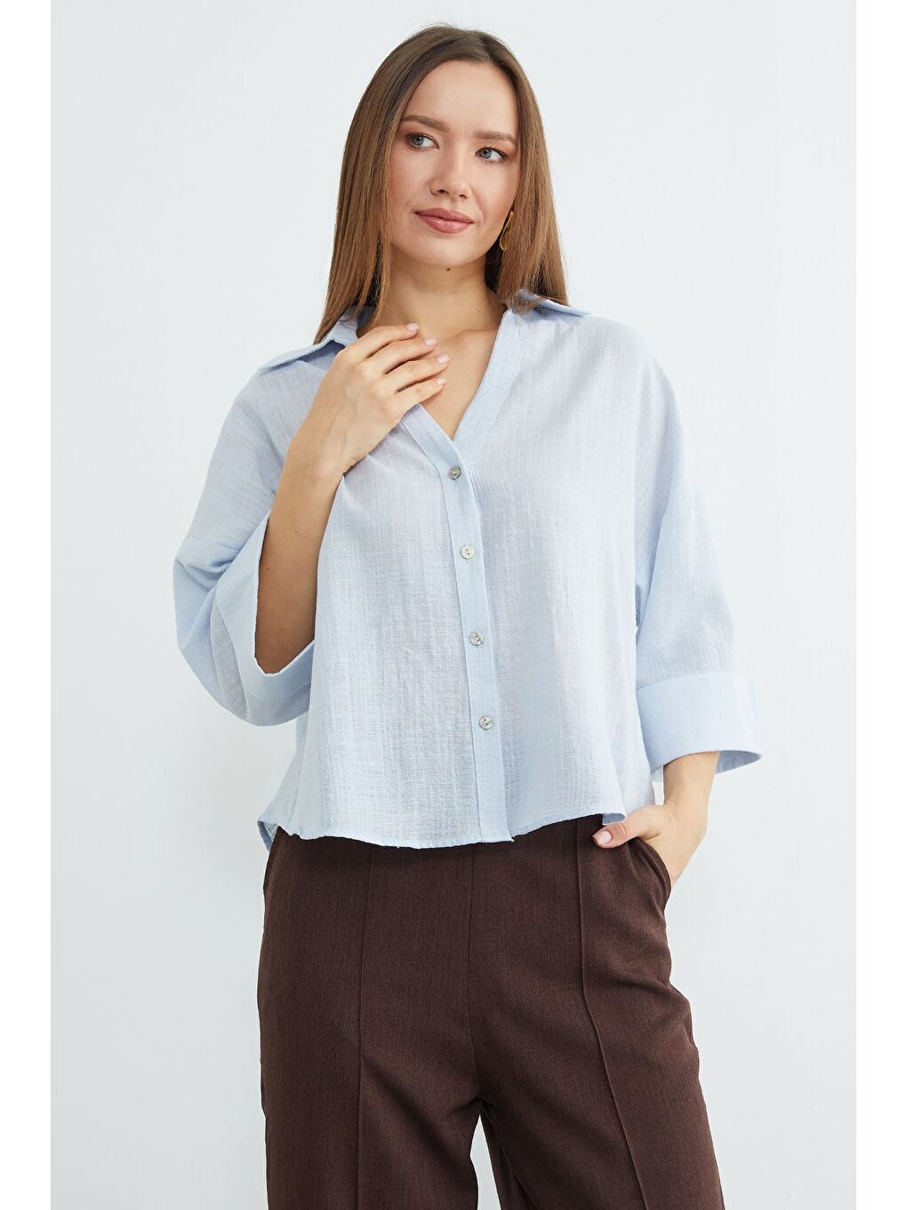 Mavi Keten Görünümlü Kapri Kol Gömlek-4