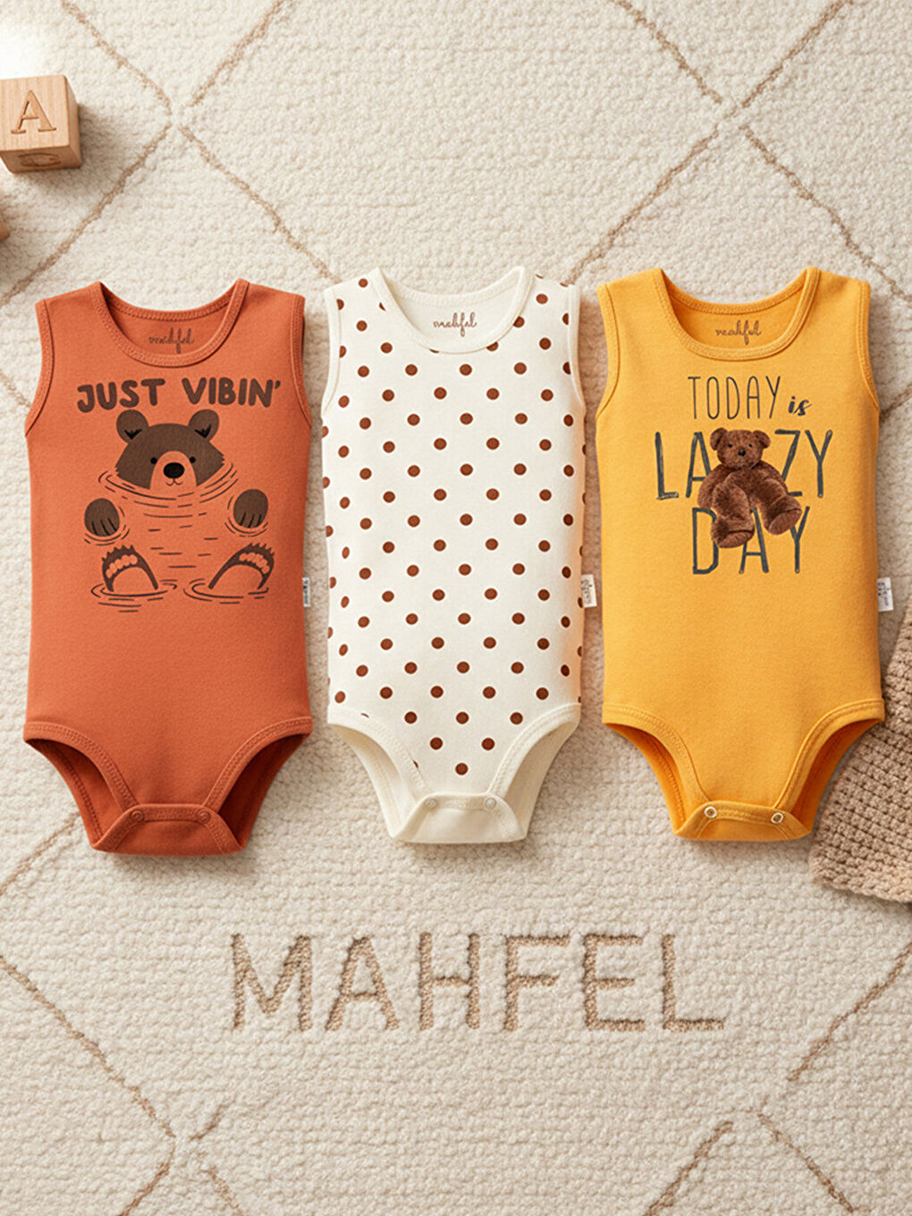 Ekru %100 Pamuklu 3'lü Atlet Çıtçıtlı Bebek Body Zıbın 1-739-2