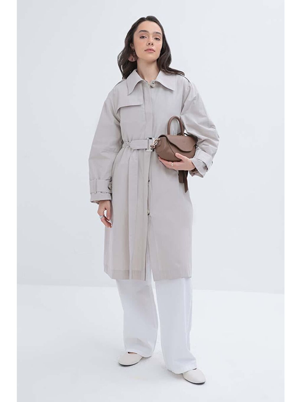 Bej Taş-Kemerli Cepli Rüzgarlıklı Trençkot-1