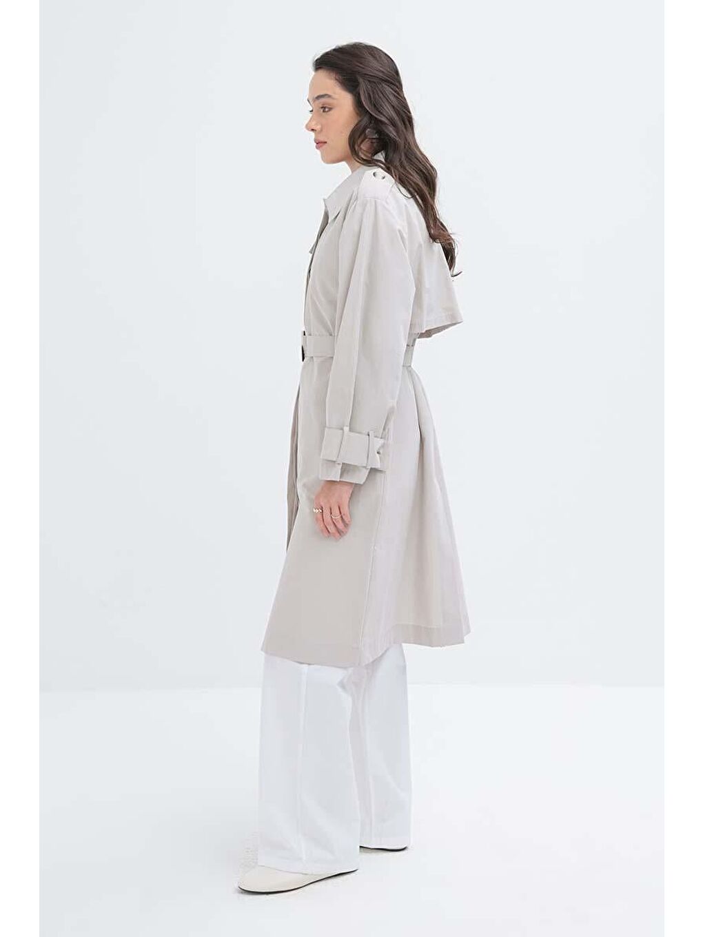 Bej Taş-Kemerli Cepli Rüzgarlıklı Trençkot-2