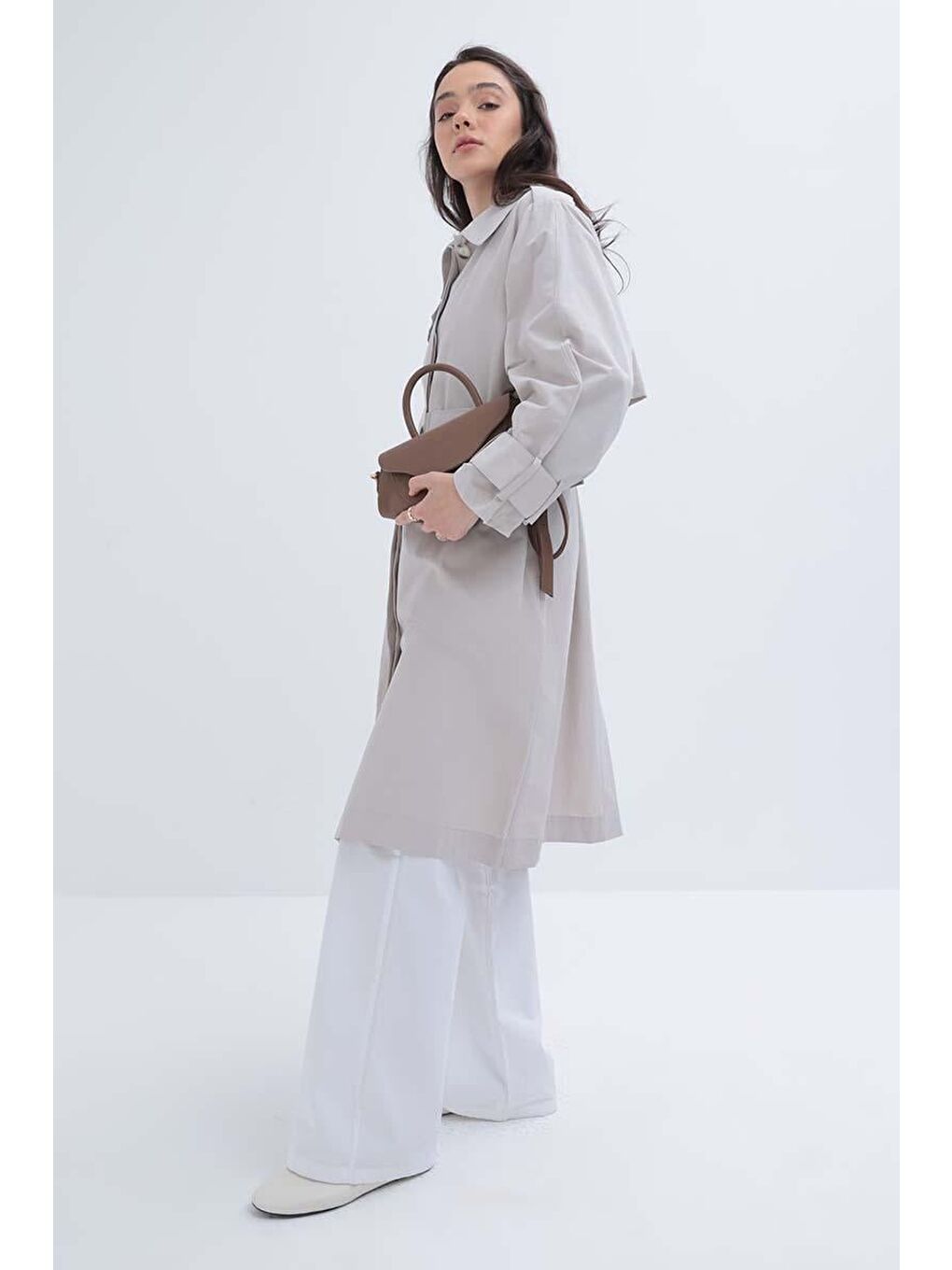 Bej Taş-Kemerli Cepli Rüzgarlıklı Trençkot-4