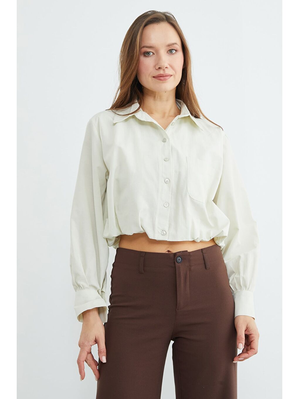 Yeşil Düğmeli Tek Cepli Crop Gömlek-2