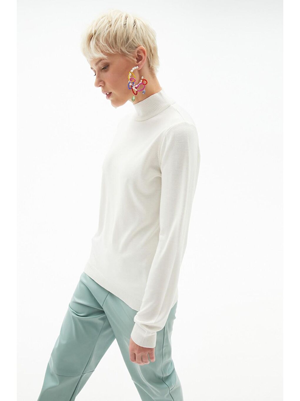 Ekru Yarım Balıkçı Yaka Kadın Triko Kazak-2