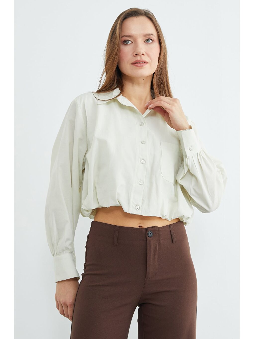 Yeşil Düğmeli Tek Cepli Crop Gömlek-4