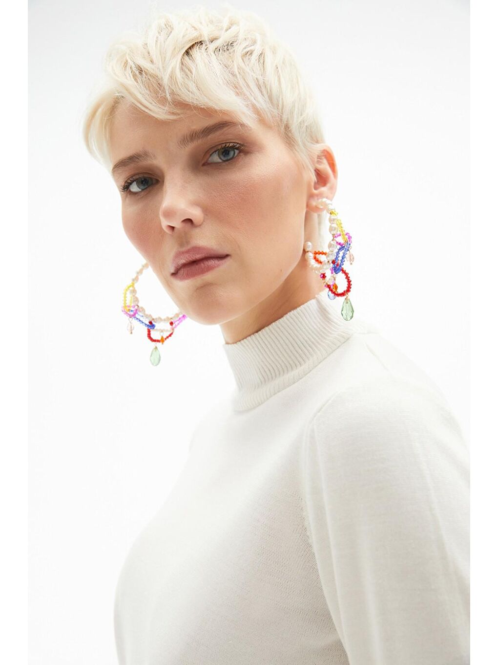 Ekru Yarım Balıkçı Yaka Kadın Triko Kazak-3